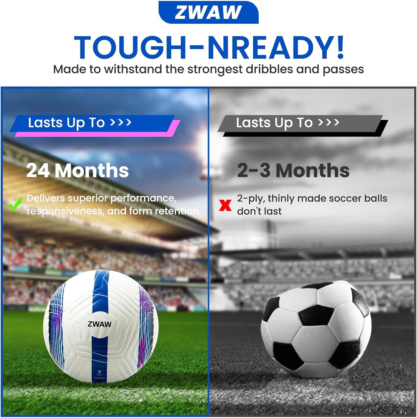 Official Match Soccer Ball Size 5 – Waterproof PU Leather, Includes Pump & Needles, Mesh Storage Bag for Easy Carry