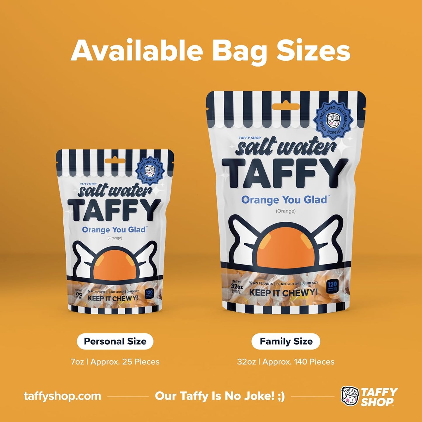 Taffy Shop Orange You Glad, Orange Salt Water Taffy – Gourmet Soft Chewy Candy, Bulk Sweet Snack, Fresh Gift & Gluten-Free, 35 Individually Wrapped Pieces (7oz)