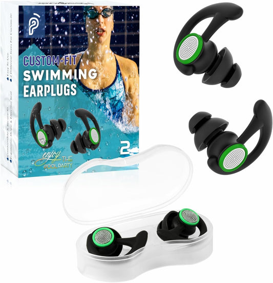 Hearprotek 2 Pairs Ear Plugs for Swimming Adults, Reusable Custom-fit Swim Water earplugs Men Women for Swimmers Shower Pool Bath Surfing Kayaking Canoeing(Black)