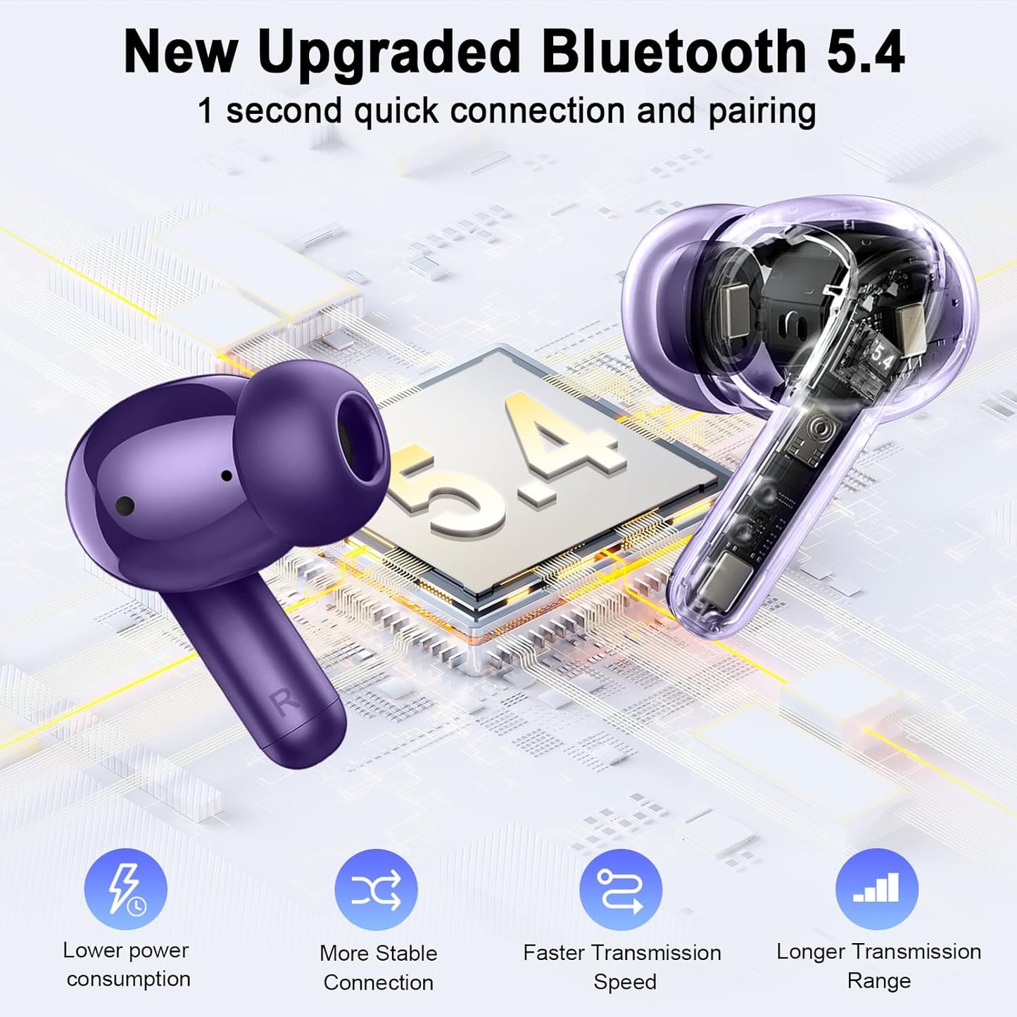 Bluetooth 5.4 Earbuds, 2025 Wireless Headphones Hi-Fi Stereo Ear Buds, 4 ENC Noise Cancelling Mic, 40+Hrs USB-C in-Ear Earphone, IP-X7 Waterproof Sport Workout Gym for Laptop Pad Android iOS