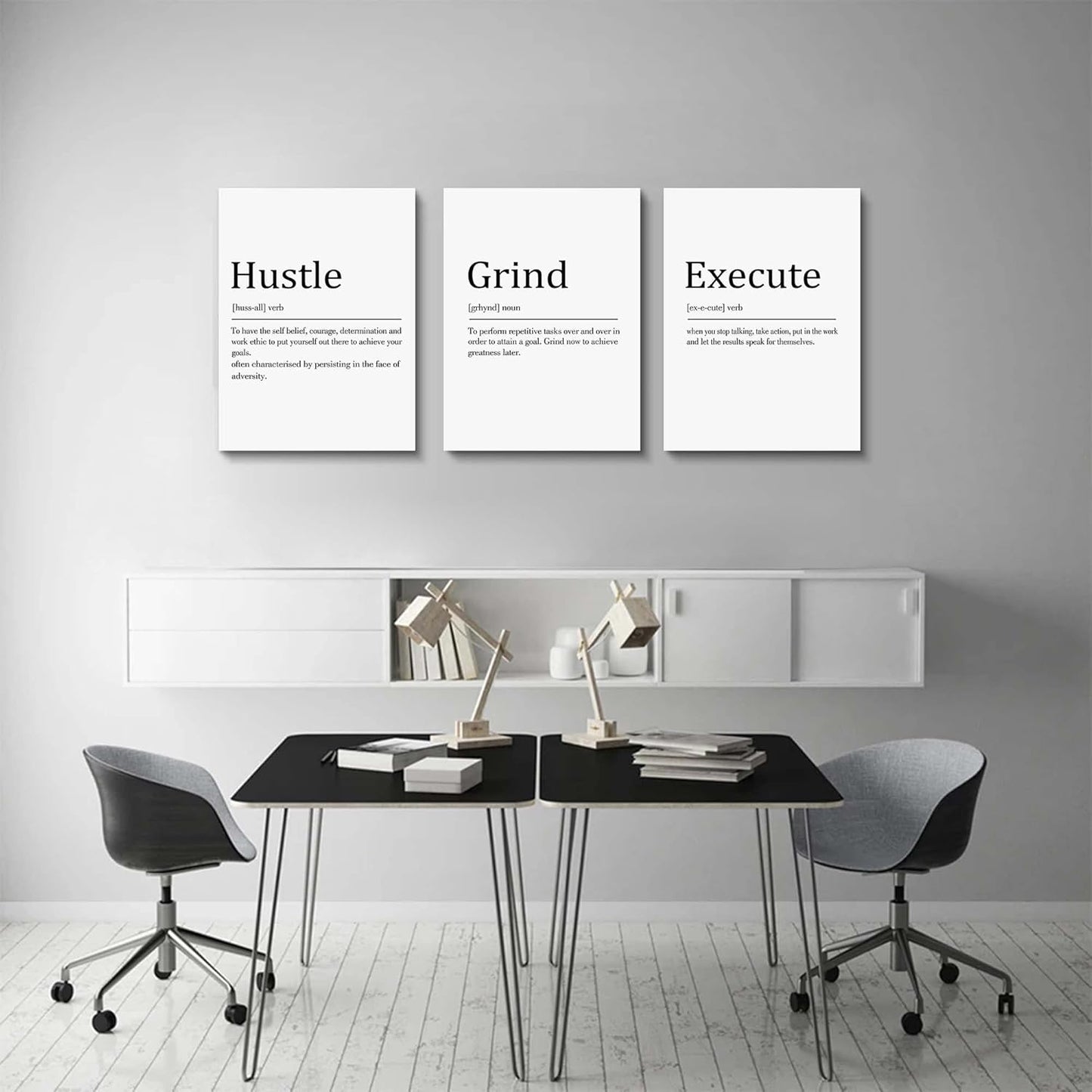Hustle Grind Execute, Inspirational Wall Decor Art - Framed Canvas Office Decor, Quote Poster, Office Wall Art, White Large Poster, Positive Motivational Wall Art, 12x16inchx3pcs