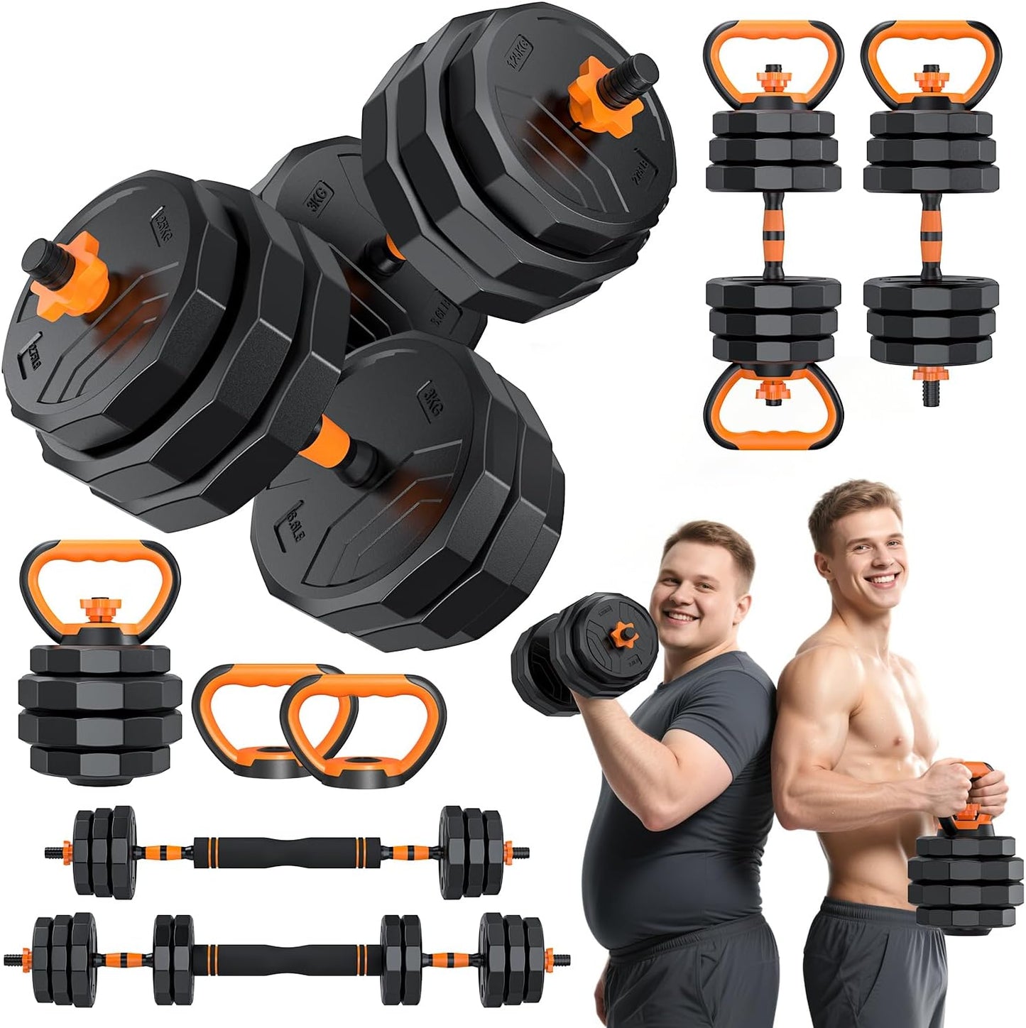 5-in-1 Adjustable Dumbbell Set, 33/44/66/88lbs Free Weights Set with Connector, Used as Kettlebells, Barbell, Push up Stand, Standard 1" Plates, Fitness Exercises for Home Gym Suitable Women/Men