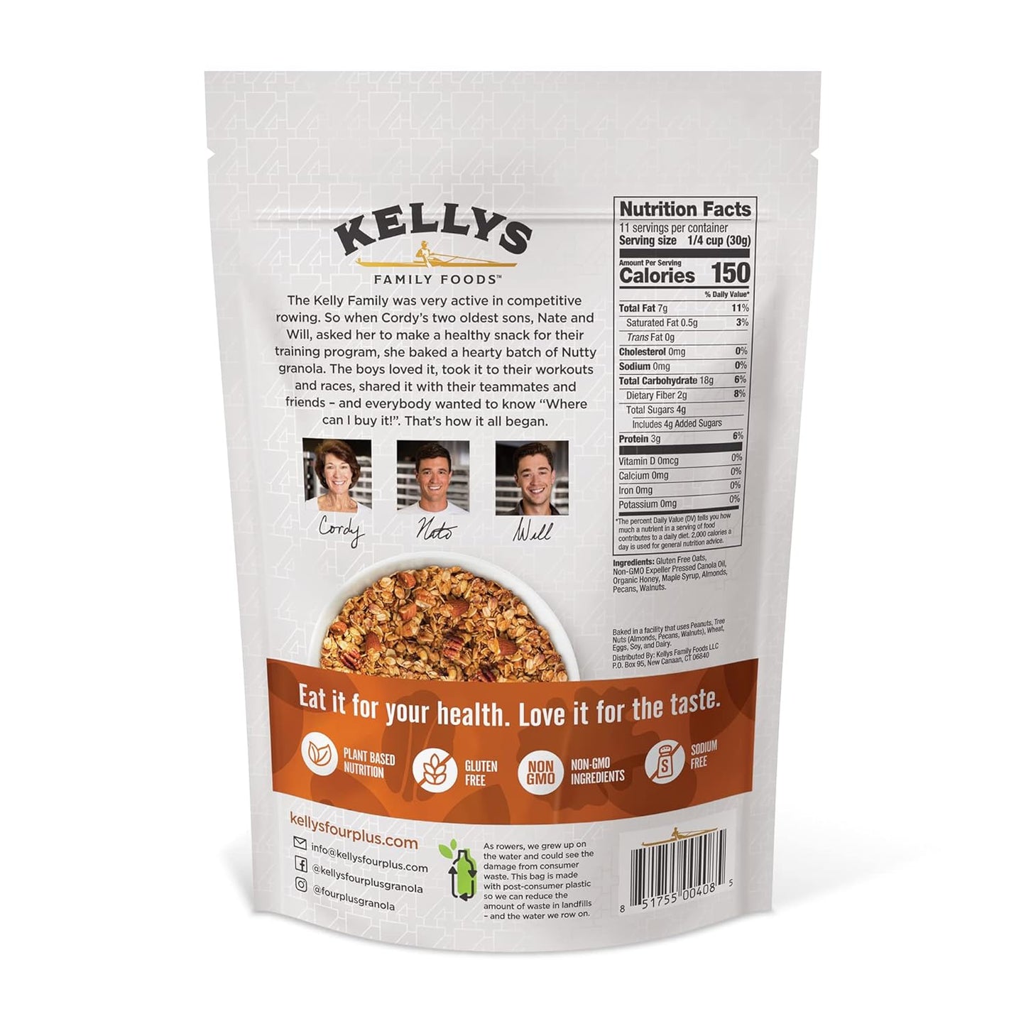 Kelly's Four Plus Granola (Nutty) Healthy Granola Cereal with Whole Grain Oats, Honey, Maple Syrup - Non-GMO, Low Sugar, Sodium Free and Gluten Free for Yogurt - 12oz - Pack of 6