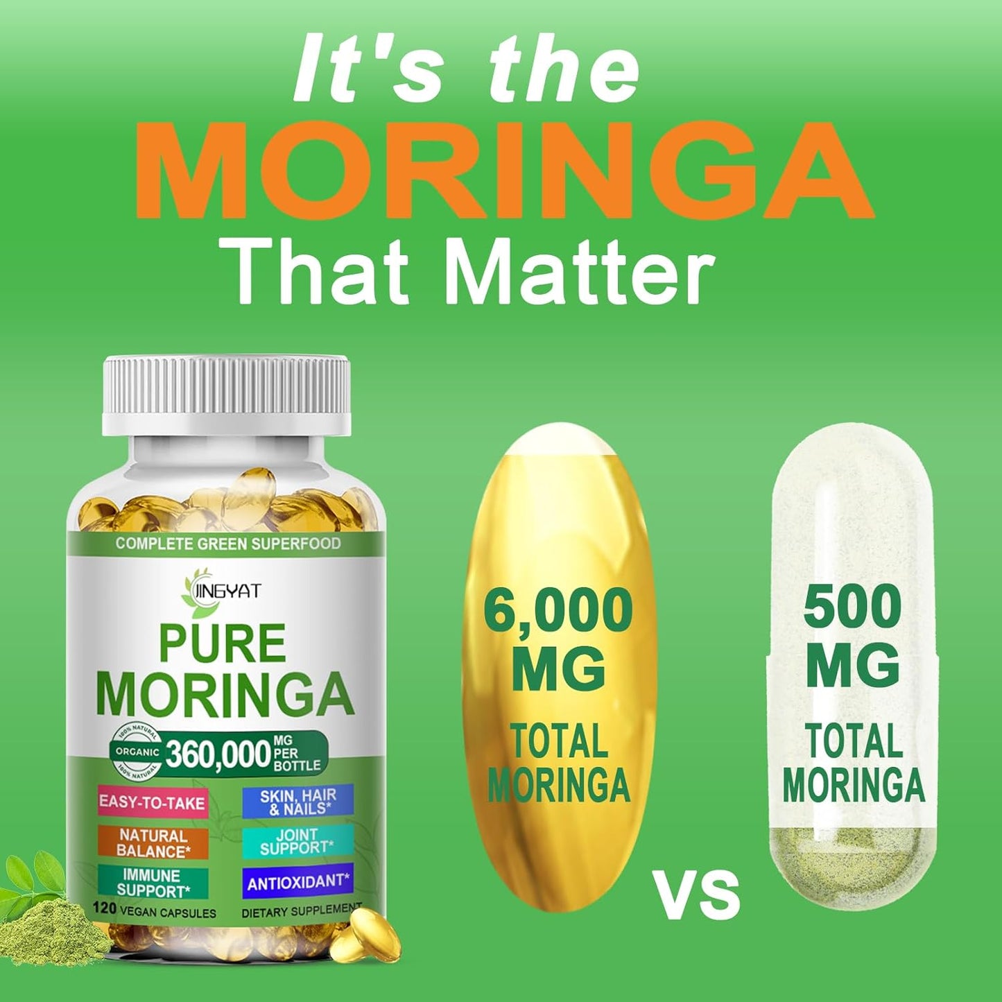 Moringa Softgels, Organic Pure Moringa Oleifera Leaves Extract for Energy, Skin, Gut Health, Immune, Natural Antioxidant, High Potency Moringa Oil Than Moringa Powder, Non-GMO, 60 Serving