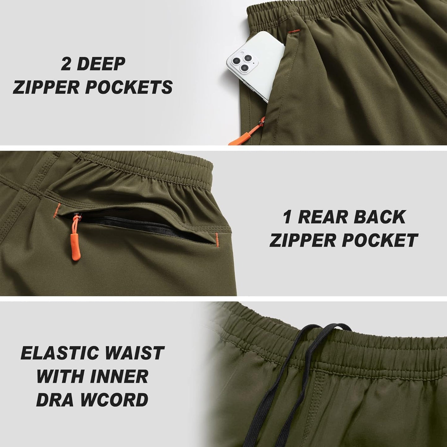 Men's Gym Shorts Sports Quick Dry Workout Running or Casual Training Short with Zipper Pockets