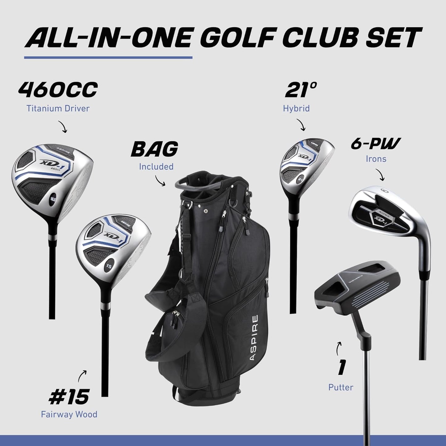 Aspire XD1 Complete Mens Golf Club Set, Includes Titanium Driver, S.S. Fairway, S.S. Hybrid, S.S. 6-PW Irons, Putter, Bag, 3 H/C's, Right & Left Handed Golf Clubs