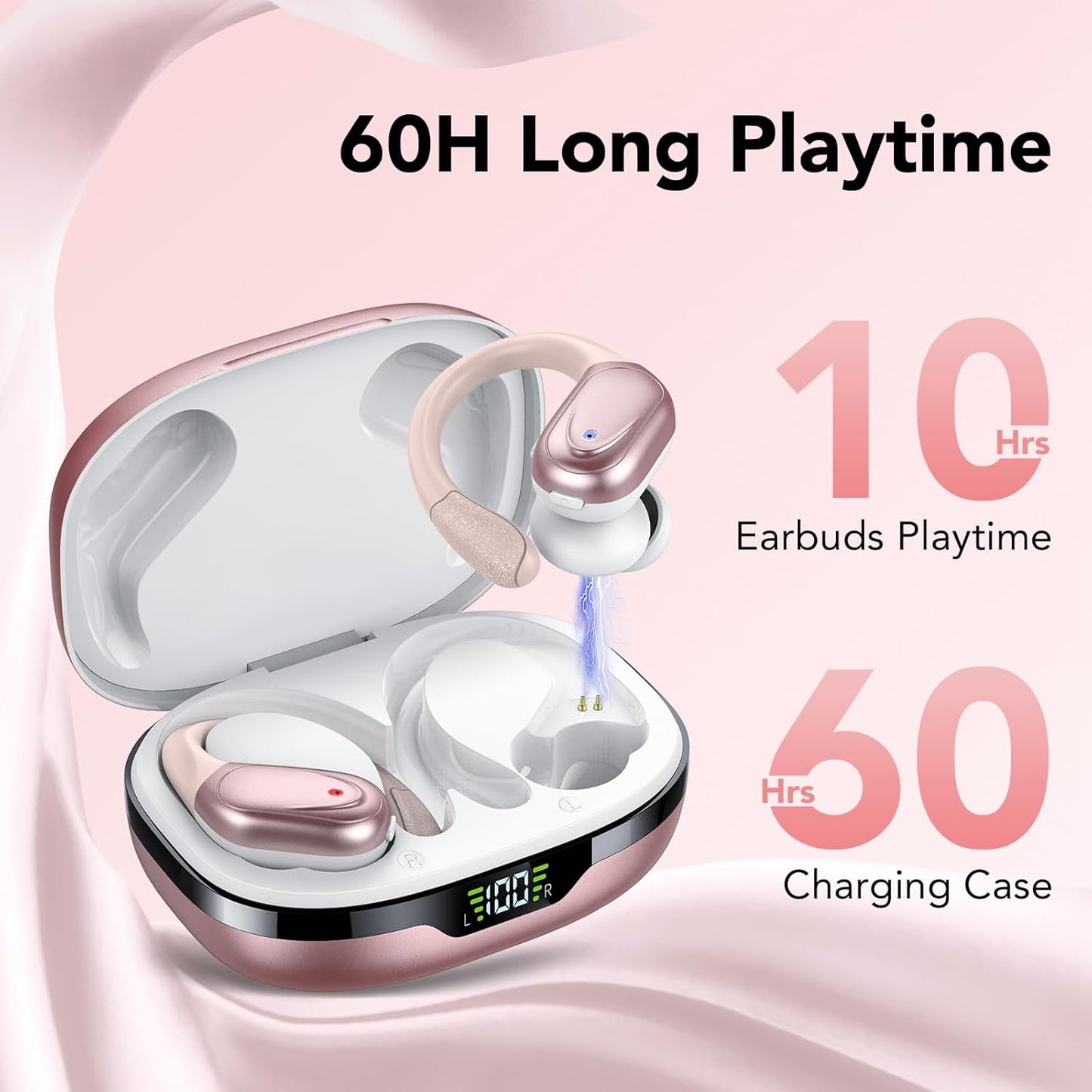 Ear buds Wireless Earbuds Bluetooth 5.3 Headphones 60hrs Playtime with Digital Display Sports Wireless Headphones with Earhook Deep Bass IPX7 Waterproof Over-Ear Earbuds for Android iOS Workout Rose
