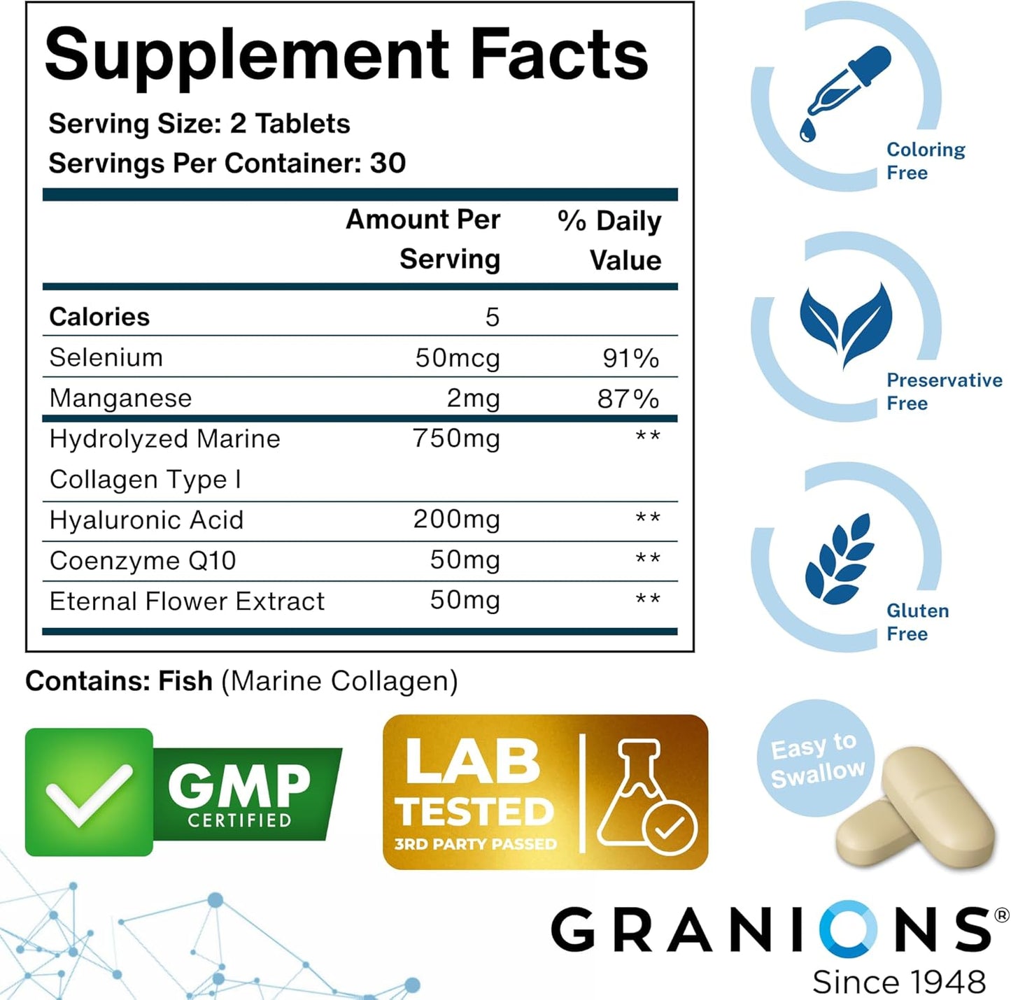 Marine Collagen Pills Complex – 200mg Hyaluronic Acid Supplement, Coenzyme Q10 CoQ10, Hydrolyzed Marine Collagen Peptides, Eternal Flower Hydration, Age Defense Supplements - 60 Sealed Tablets