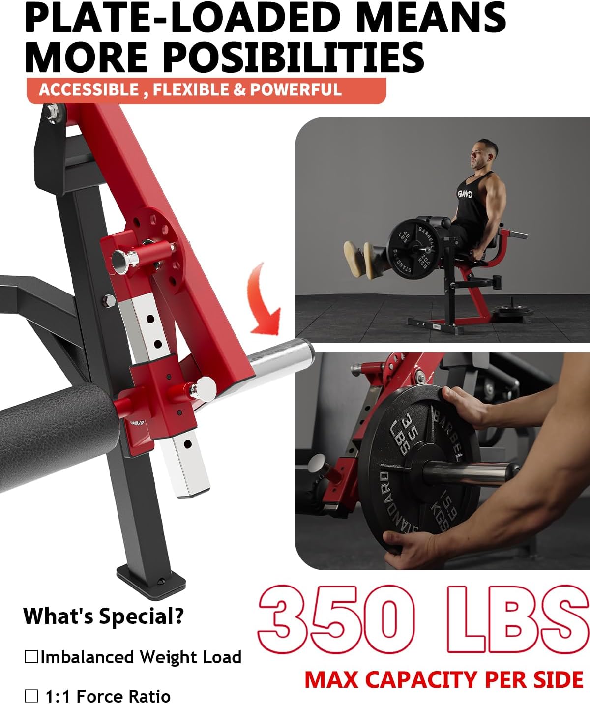 GMWD Leg Extension and Curl Machine, Single Leg Extension, Lying Leg Curl, Standing Leg Curl, Adjustable Leg Exercise Bench with Plate Loaded, Leg Machine Home Gym, Red