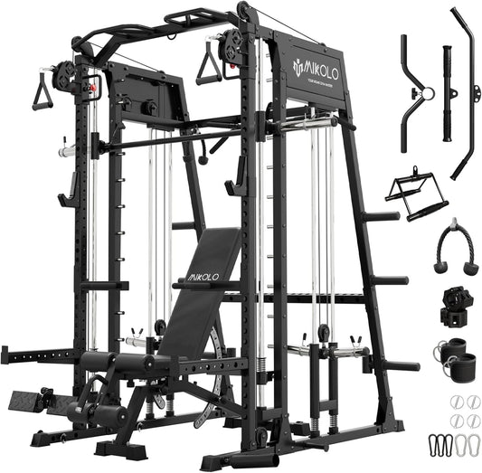 Mikolo Smith Machine, 2200lbs Squat Rack with LAT-Pull Down System & Cable Crossover Machine, Training Equipment with Leg Hold-Down Attachment