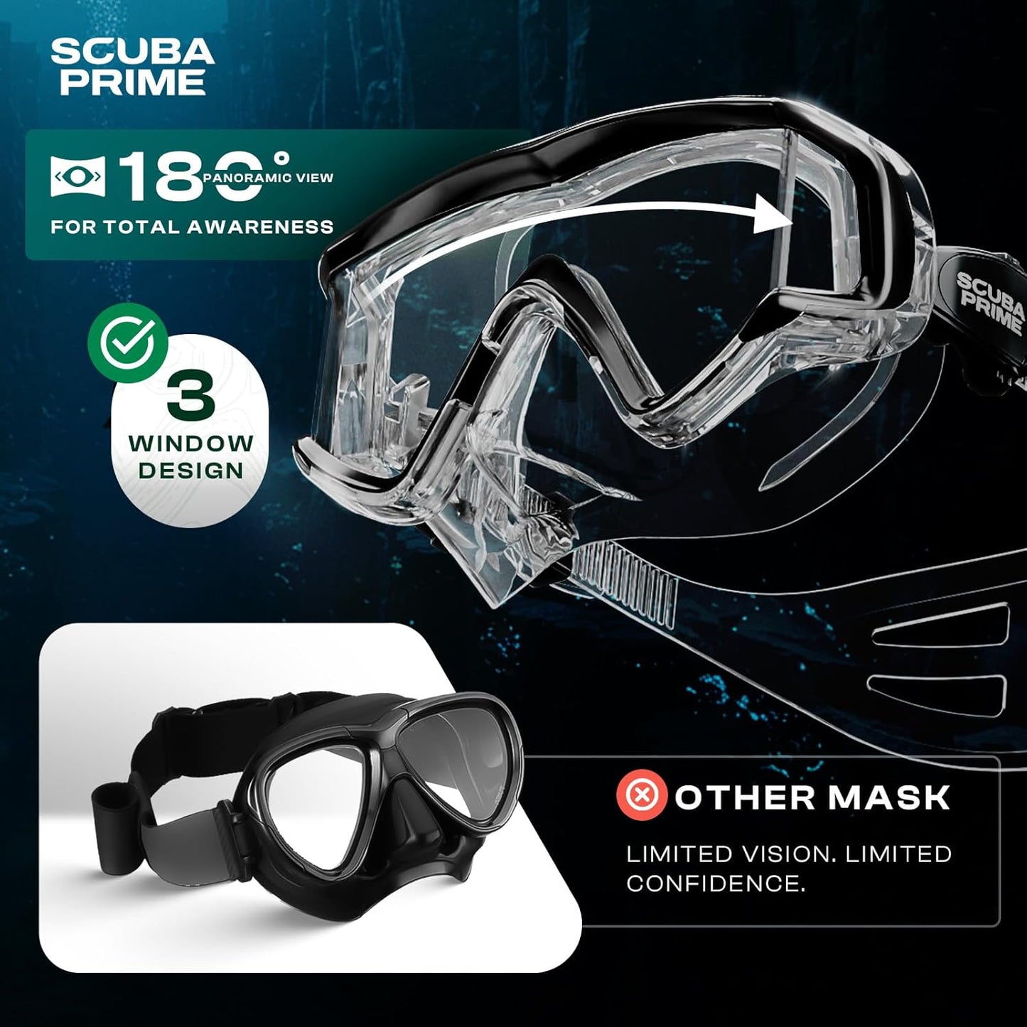 Pano 3 Scuba Diving Mask, Tempered Glass Snorkel Mask Three-Window Scuba Mask No-Leak Dive Mask Silicone Skirt Diving Mask for Snorkeling and Scuba Use