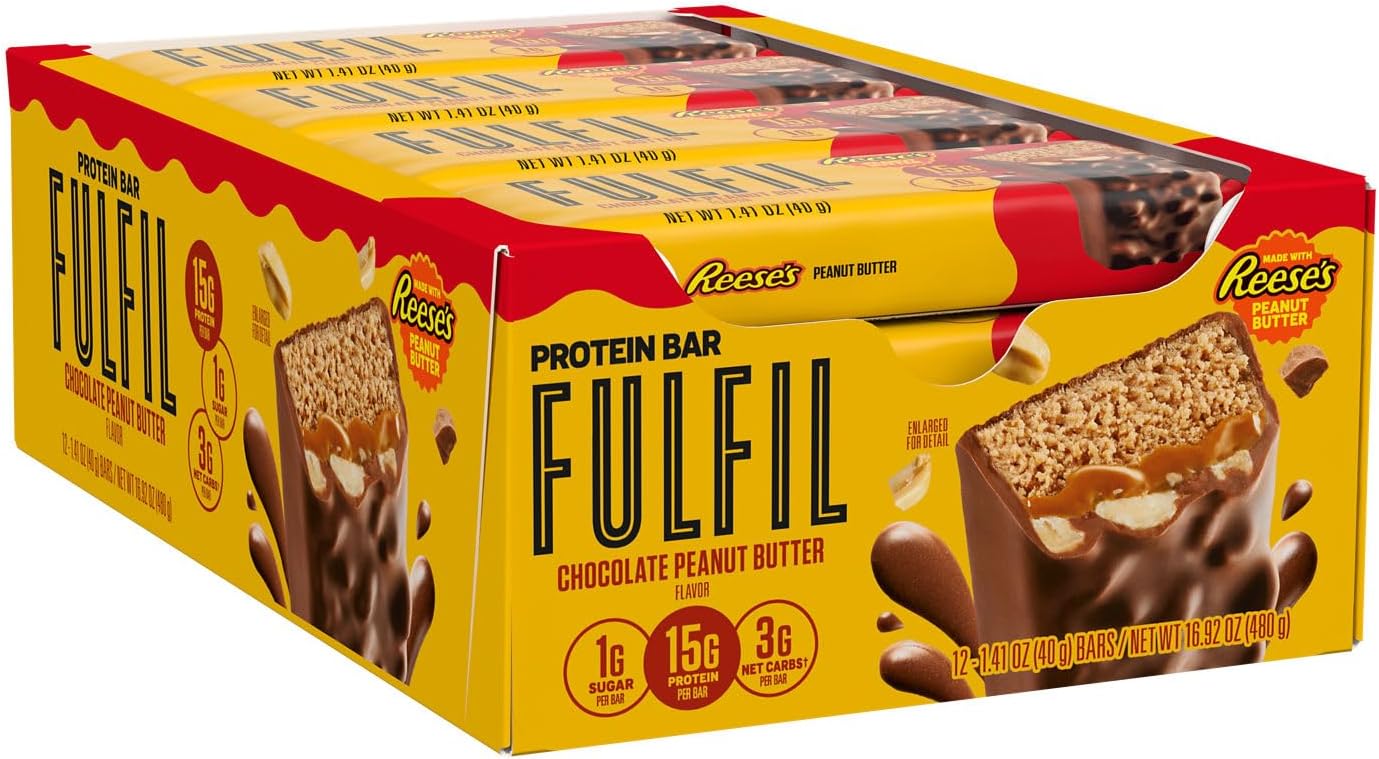 FULFIL Chocolate Peanut Butter Flavored Protein Bar Made with REESE's Peanut Butter, Gluten Free with 15g Protein, Pantry Staples, 12 Count