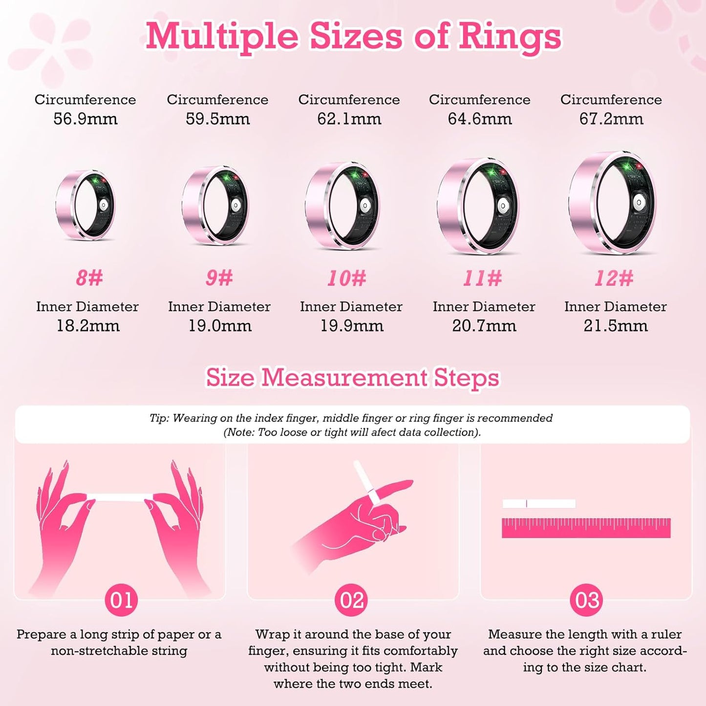 Smart Ring Health Tracker, Sleep Tracker Ring with Heart Rate, Waterproof Fitness Ring for Activity Monitoring/Steps/Distance/Calories,Air Gestures,Up to 7-Day Battery, for iOS Android (Light Pink,#9)