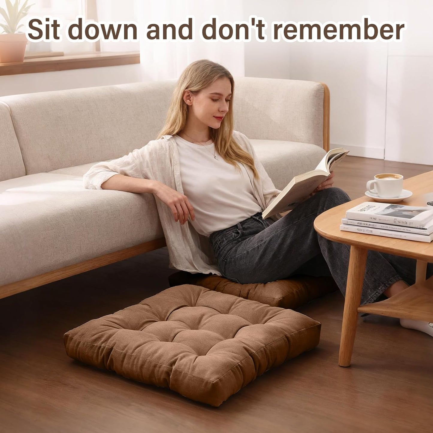 Tiita Meditation Floor Pillows, 22 Inch Square Floor Cushions for Adults, Thicken Tufted Seat Pad Set of 2, Large Floor Cushion for Yoga Garden Living Room Balcony Office Tatami, Coffee