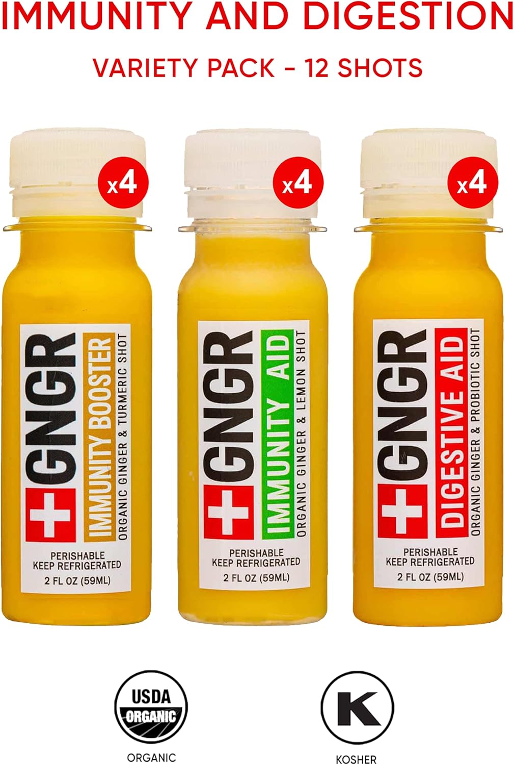 +GNGR Immunity Sampler Organic Ginger Wellness Shots - Premium Ginger Shots for All Natural Digestive Support and Immune Support - Cold Pressed Ginger Juice - Nothing Artificial (2 Oz, Pack of 12)