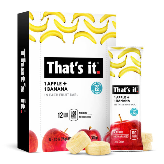 That's it Apple + Banana 100% Natural Real Fruit Bar, Best High Fiber Vegan, Gluten Free Healthy Snack, Paleo for Children & Adults, Non GMO Sugar-Free, No Preservatives Energy Food (12 Pack)