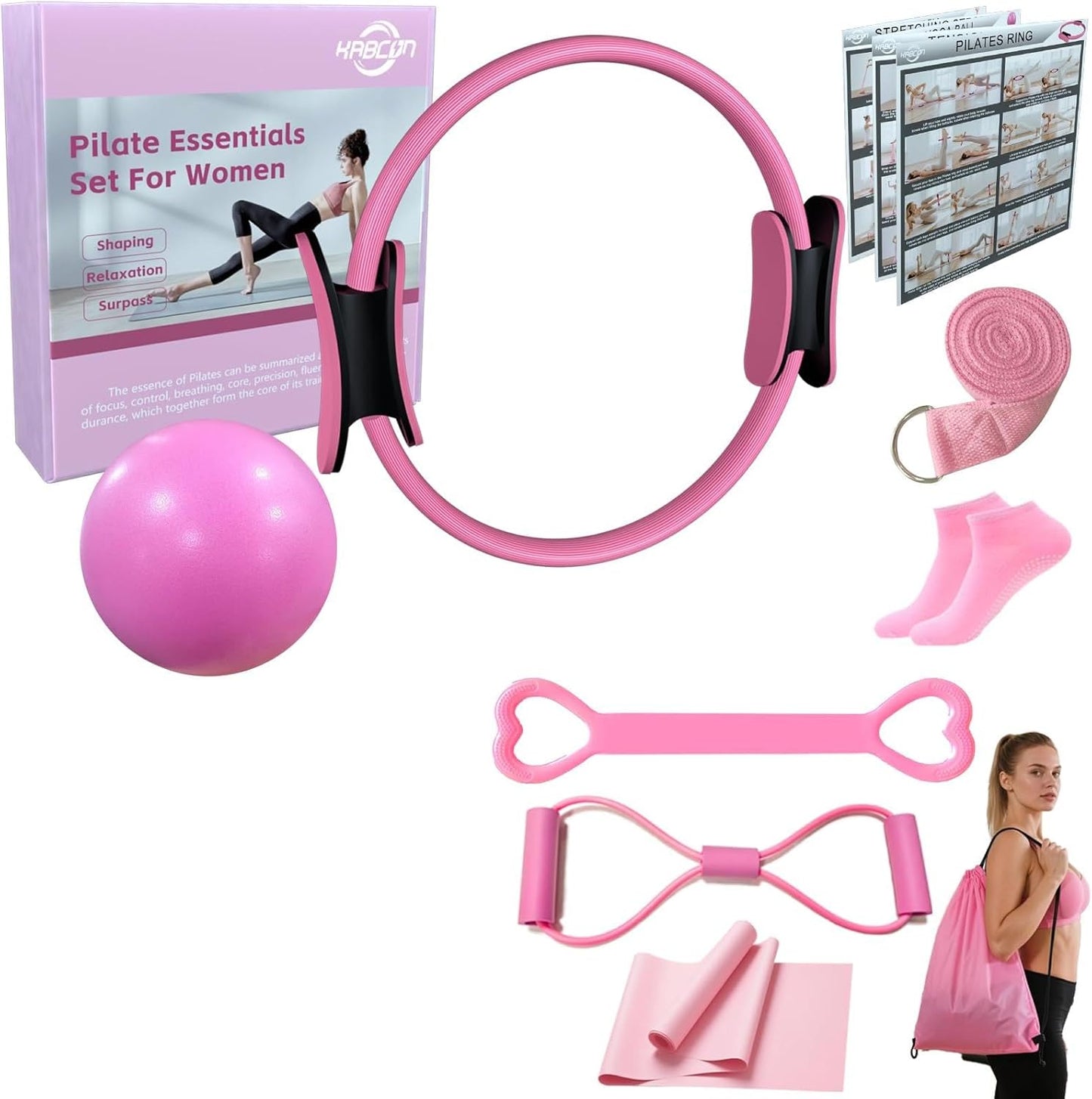 KABCON Pilates Equipment Essentials Set for Women at Home with Complete User Guide,13” Pilates Ring,9.8” Exercise Ball,Elastic Bands,Yoga Socks,Yoga Strap,13-Pcs Starter Workout Set