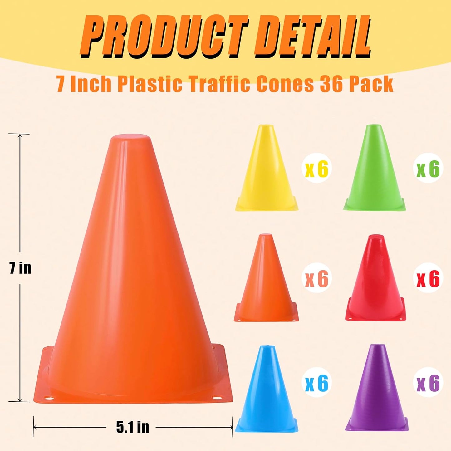 7" Soccer Cones for Training, 36 Pack Sports Agility Field Plastic Small Cones for Kids Skating Basketball Football Practice Drills, 6 Colors