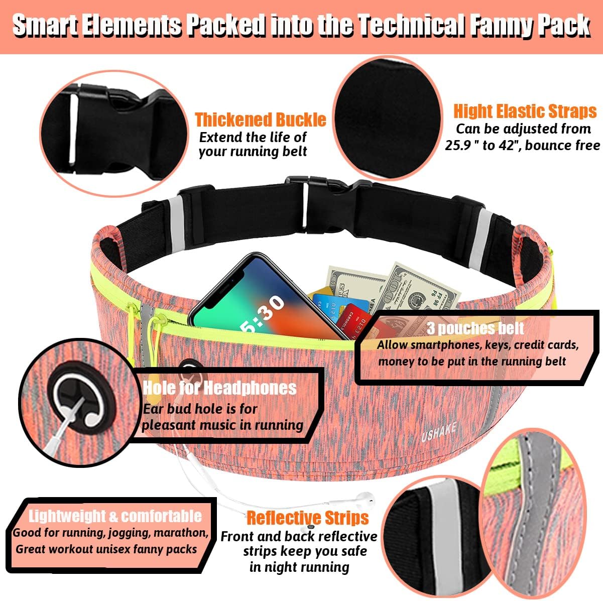 USHAKE Slim Running Belt, Workout Fanny Pack for Men Women,Exercise Waist Pack for Apple iPhone Holder, Runner Belt for Running Walking Cycling Camping Gym