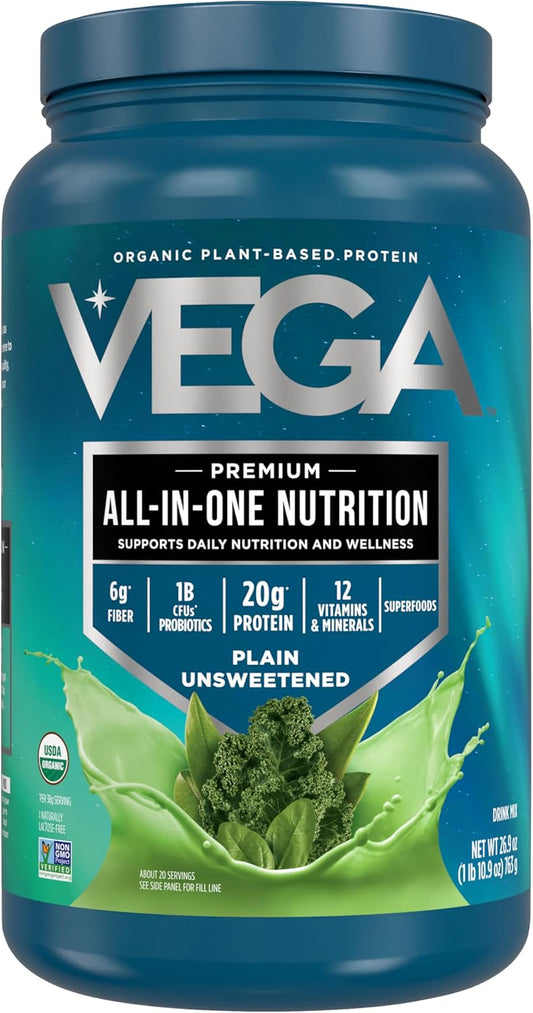 Vega All in One Nutrition Organic - 20g Plant-Based Pea Protein, Unsweetened, 20 Servings, Vitamins A & C, Probiotics, Greens, Vegan, Keto, Gluten Free, 26.9oz (Packaging May Vary)