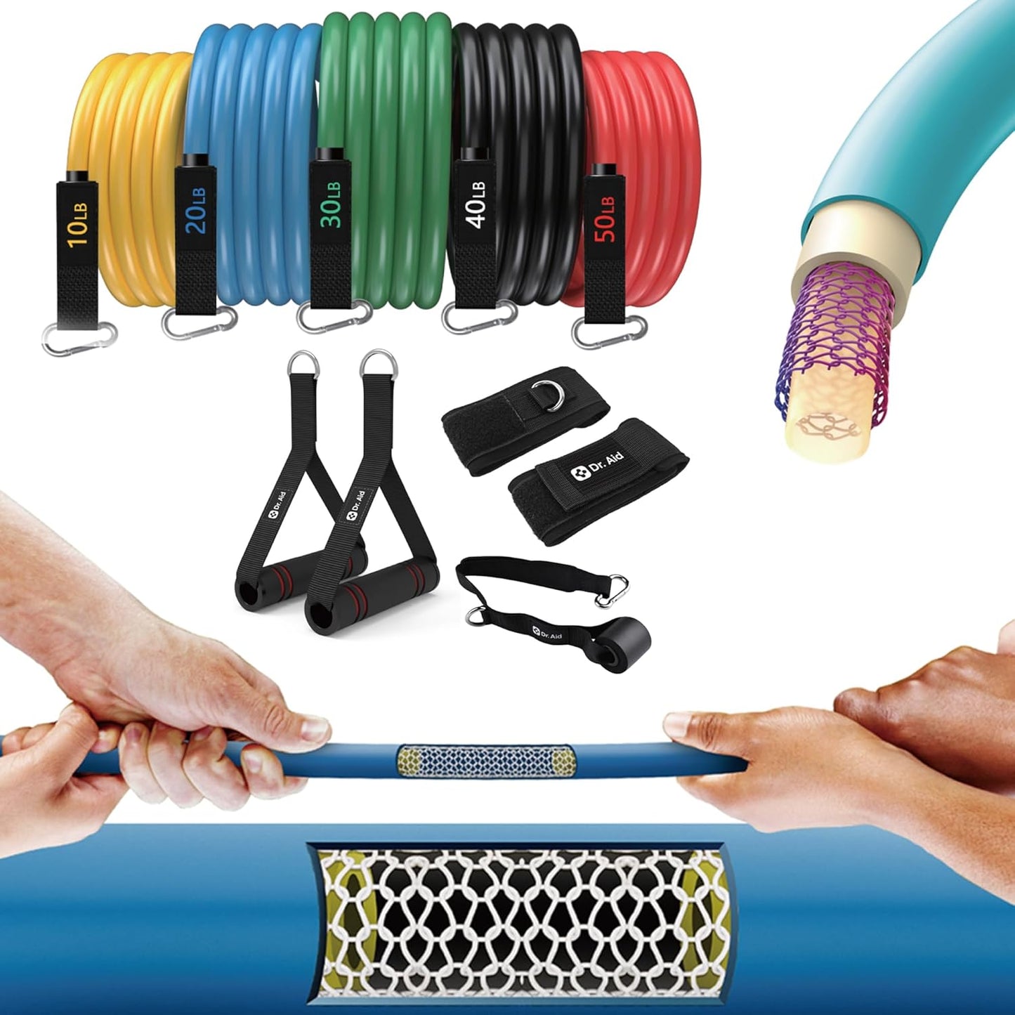 Dr. Aid Resistance Bands Set – 5 Stackable Workout Bands with Handles, Pure Latex, High Elasticity & Tear Resistant – Smell-Free Full-Body Exercise Bands for Rehab, Basic Training & Strength Workouts