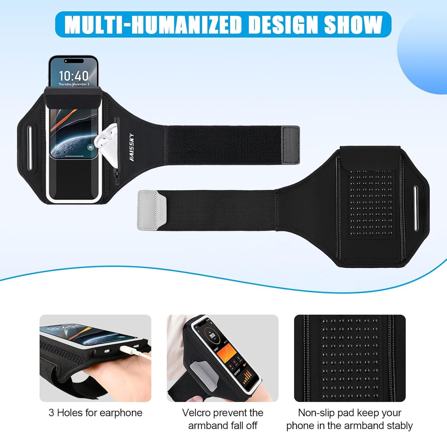 Running Phone Armband with Earphone Holder - 3D Design Cell Phone Armband for iPhone 15/14/13 Pro/Plus & Galaxy S20/S10, Water Resistant Sports Phone Holder with Key Slot for 6.9" Device