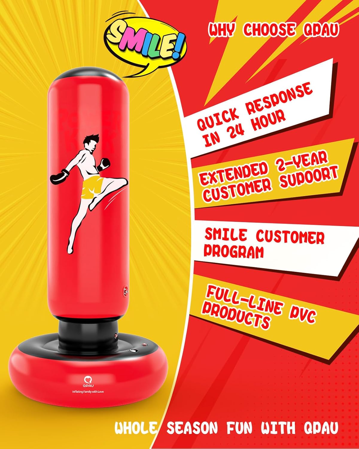 QPAU Kids Punching Bag Toy with Boxing Gloves, 66 Inch Larger Stable Kids Inflatable Boxing Bag Set, Gifts for Boys & Girls Age 6-12, for Practicing Karate, Taekwondo, MMA