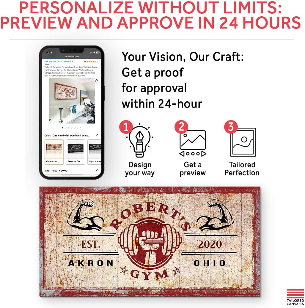 Tailored Canvases Personalized Gym Sign Wall Art Decor - Motivational Canvas for Home Gym, Workout Room, Garage, Fitness Center - Workout Inspirational Posters - One Hand Dumbbell on Rustic Red, 48x24in