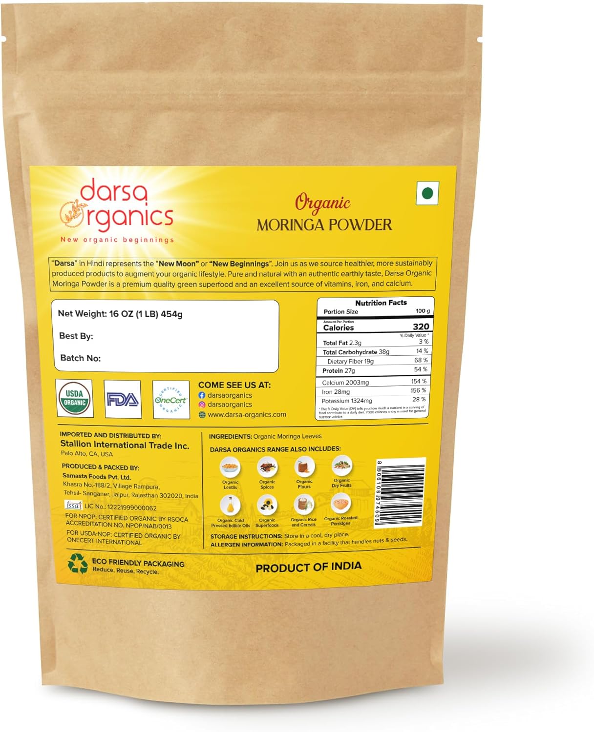 USDA Organic Moringa Powder 1 lb – Premium Moringa Oleifera Leaf Powder | Non-GMO, Gluten-Free, Vegan Superfood – Raw, Pure, Nutrient-Rich Moringa for Smoothies, Cooking & Baking