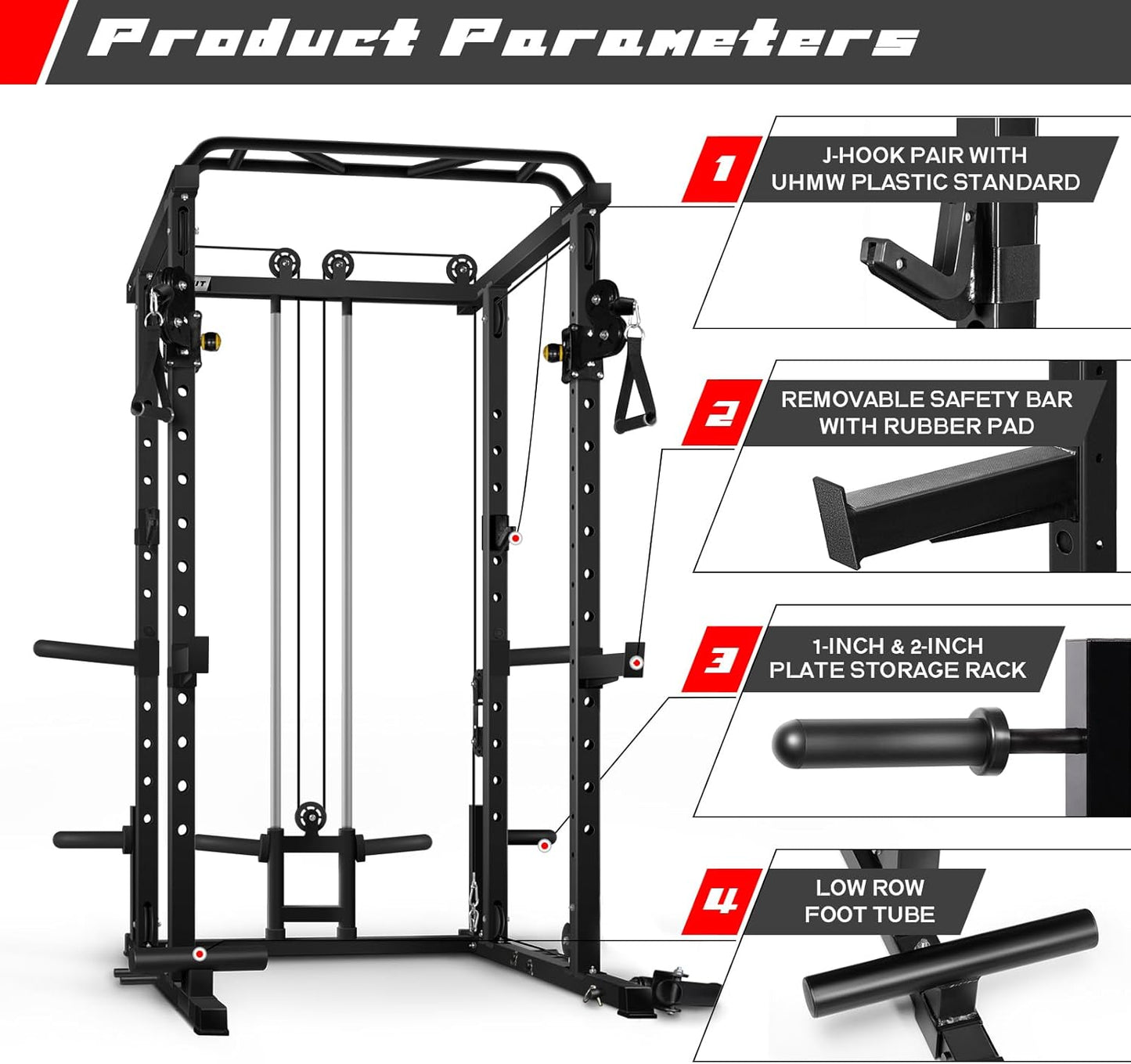 RitFit Multi-Function Squat Rack Power Cage PPC03 with Cable Crossover System, 1000LBS Capacity Power Rack and Packages with Optional Weight Bench, Barbell Weight Set, for Garage Workout & Home Gym
