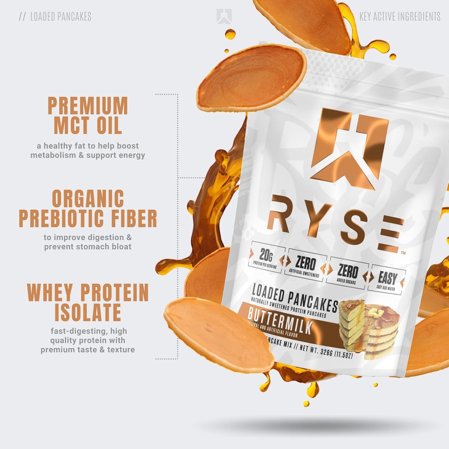 RYSE Loaded Protein Pancake & Waffle Mix - Buttermilk - Naturally Sweetened Breakfast with 21g Protein, 3g MCTs and 2g Fiber - No Added Sugar - High Protein Snack for Clean Energy - 6 Servings