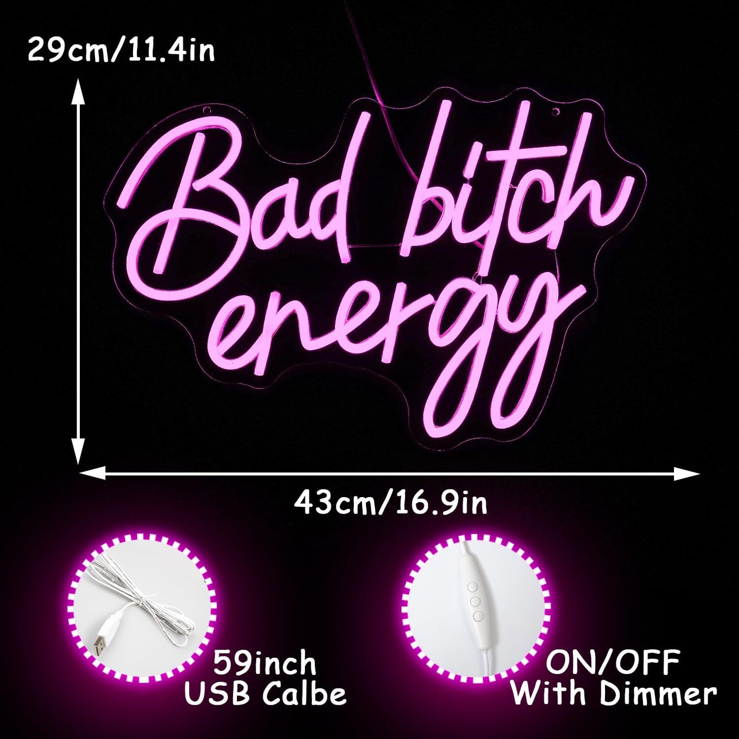 Bad Bitch Energy Neon Sign Pink Neon Light Letter LED Neon Signs for Wall Decor Lady Led Neon Lights for Bedroom Bar Dormitory Store Decortion