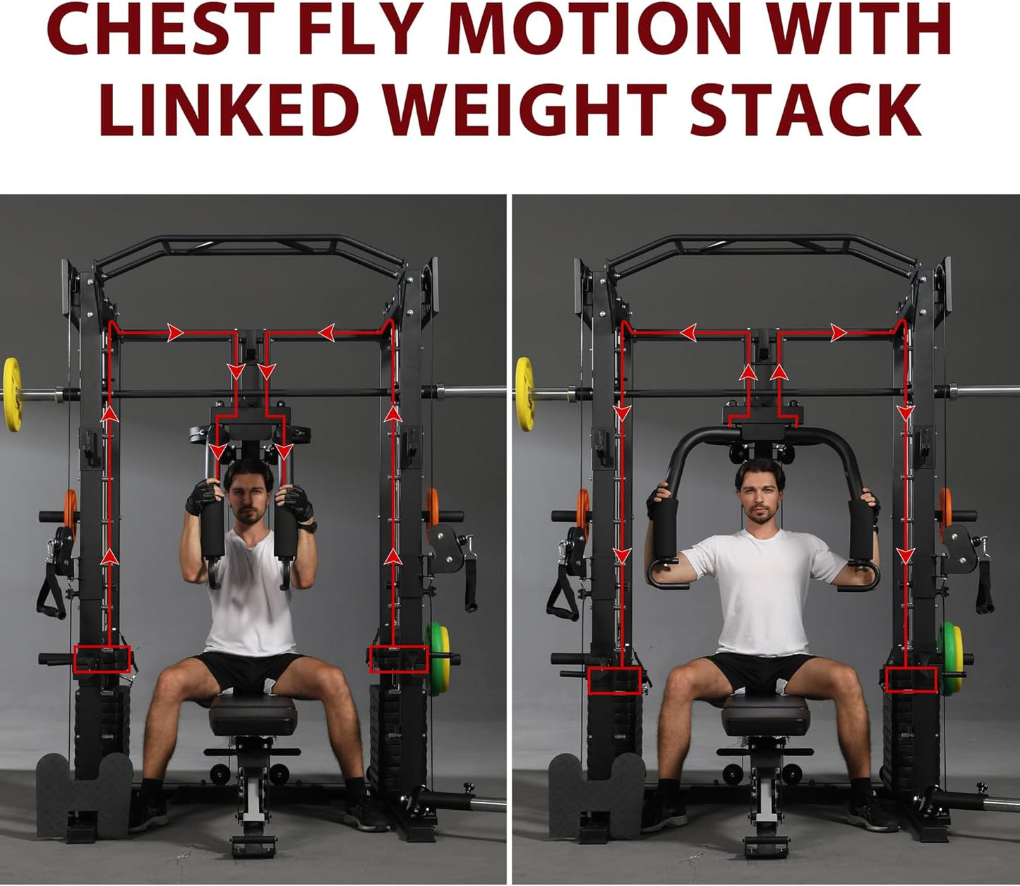 Smith Machine with Chest Fly & Leg Press, All-in-One Home Gym Power Cage with Weight Stack, Bench and Full Accessory Kit for Total Body Strength Training for Beginners