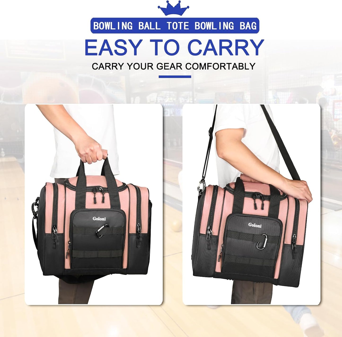 Goloni Bowling Ball Bag for Singer Ball with Padded Ball Holder, 2 Pockets fit Bowling Shoes Up to Mens Size 14 and Accessories