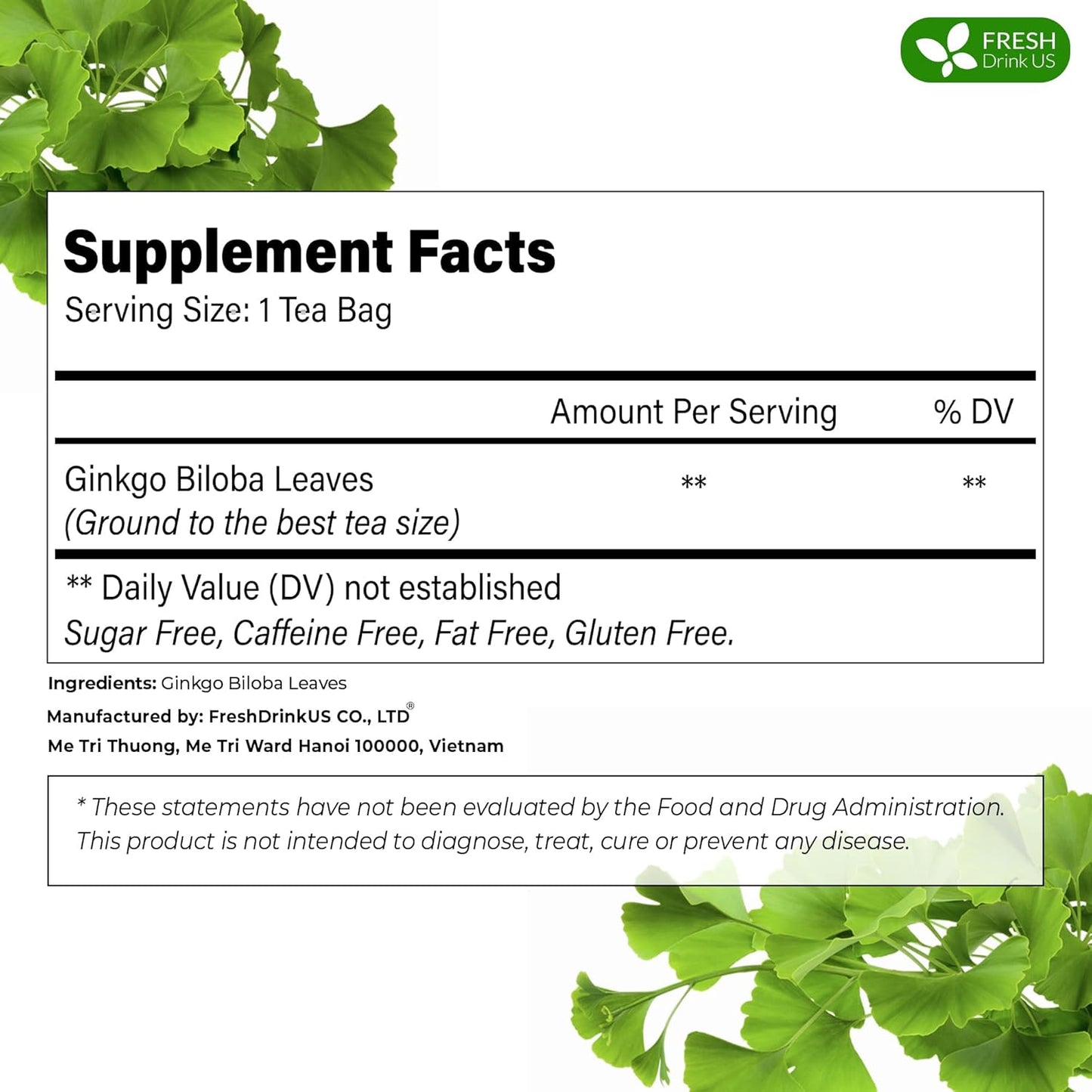 FreshDrinkUS, Premium 135 Ginkgo Biloba Leaf Tea Bags, 100% Natural & Pure from Ginkgo Biloba Leaves. Loose Leaf Herbal Tea. Made with Eco-Conscious Tea Bags. No Sugar, No Caffeine, No Gluten, Vegan.