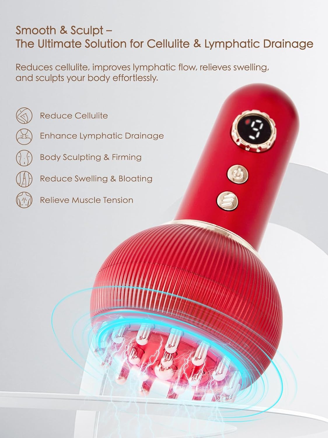 Lymphatic Drainage Massager & Anti Cellulite Massage Tool, Helps Reduce Stretch Marks & Cellulite, for Legs, Arms & Belly, Body Sculpting Machine with Microcurrent, Light, Heat & Vibration,Red