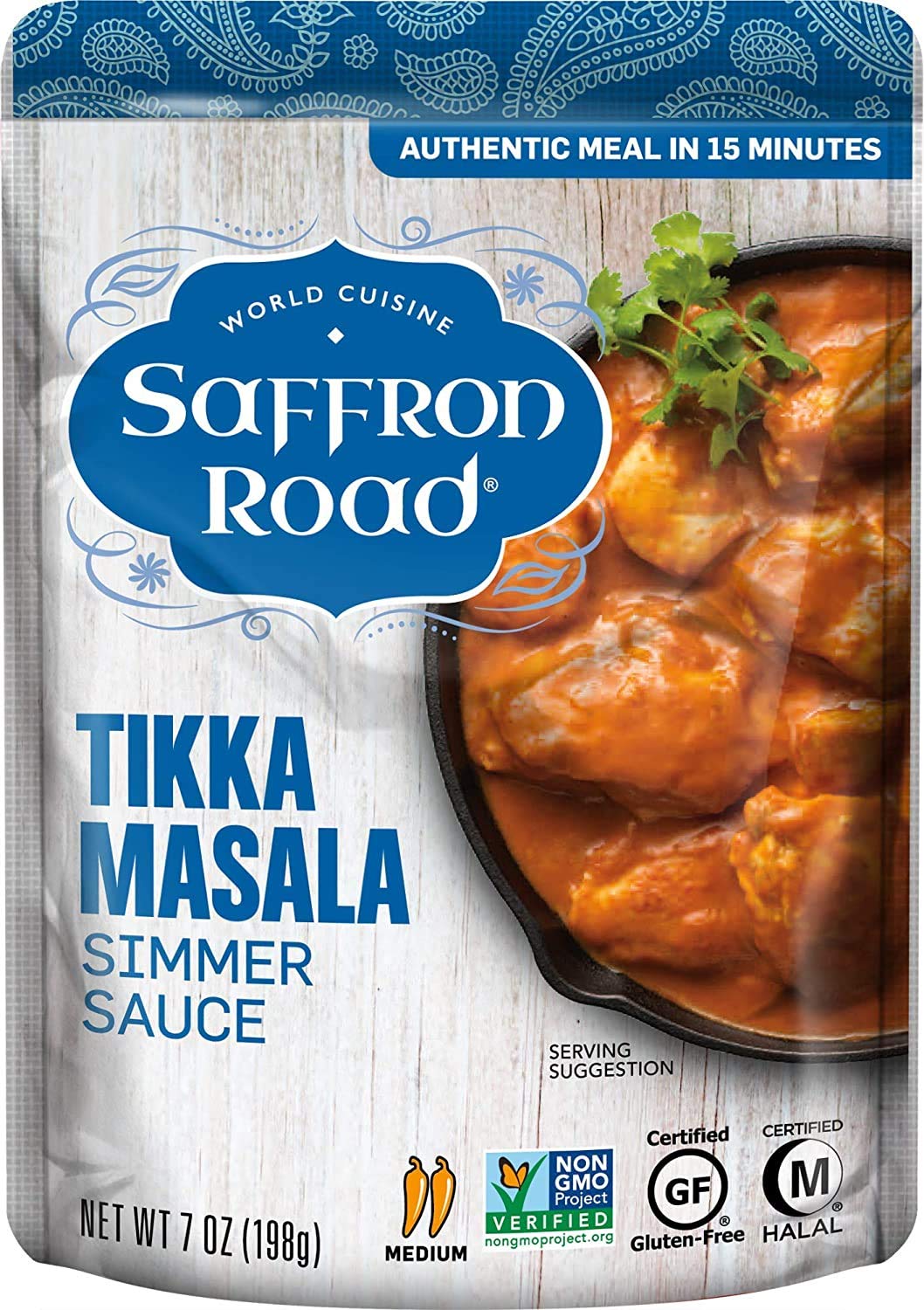 Saffron Road Tikka Masala Simmer Sauce | Globally Inspired Simmer Sauce | Gluten-free, Vegetarian, Non-GMO, and Certified Halal and Kosher | 7.0oz Pouch | Pack of 8