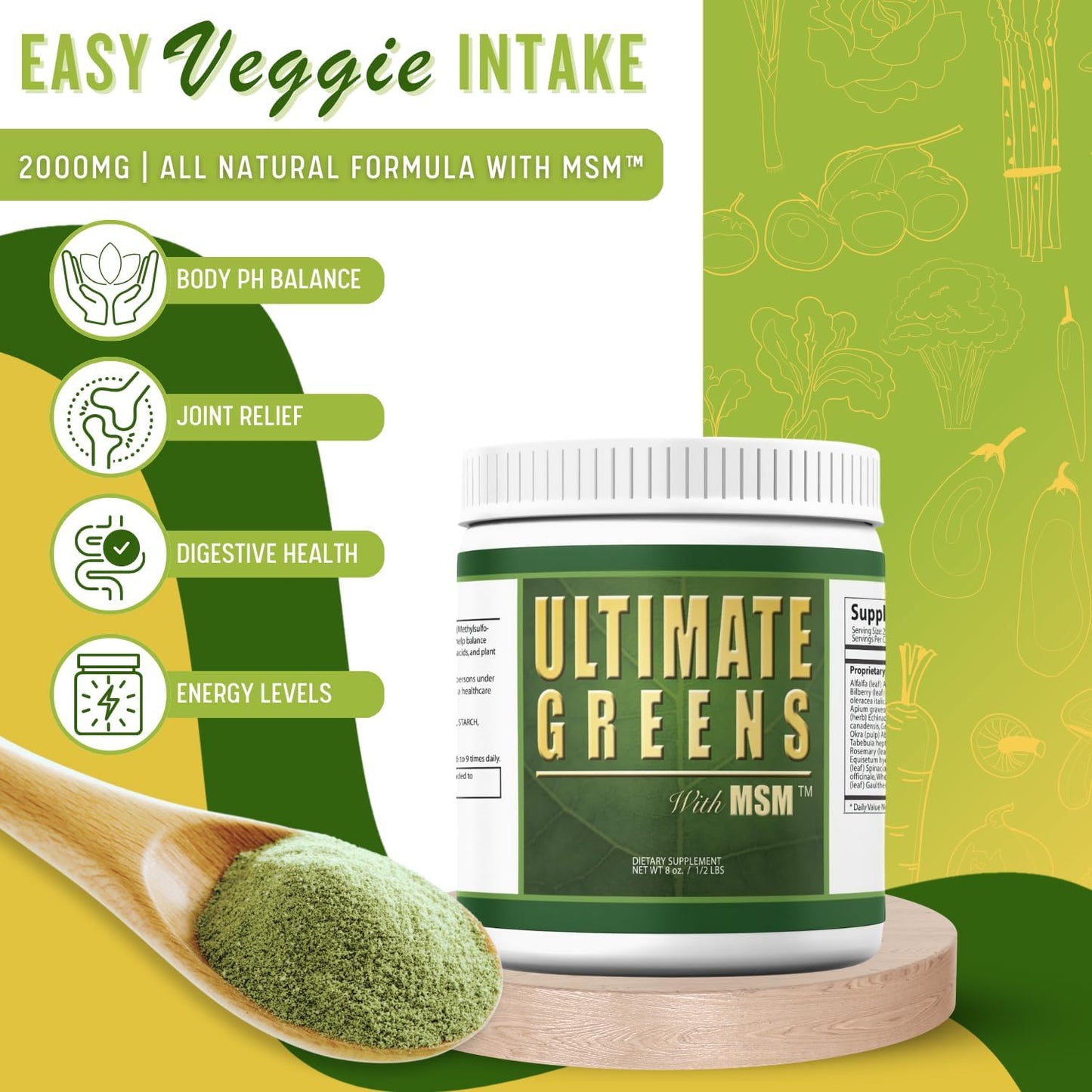 Ultimate Greens with MSM Powder, Vegan Friendly Natural Ingredients Gluten Soy Free NO GMO Superfood Vegetable Nutritional Drink Alkalizing Energy 8oz 1 Pack (1 Month Supply)