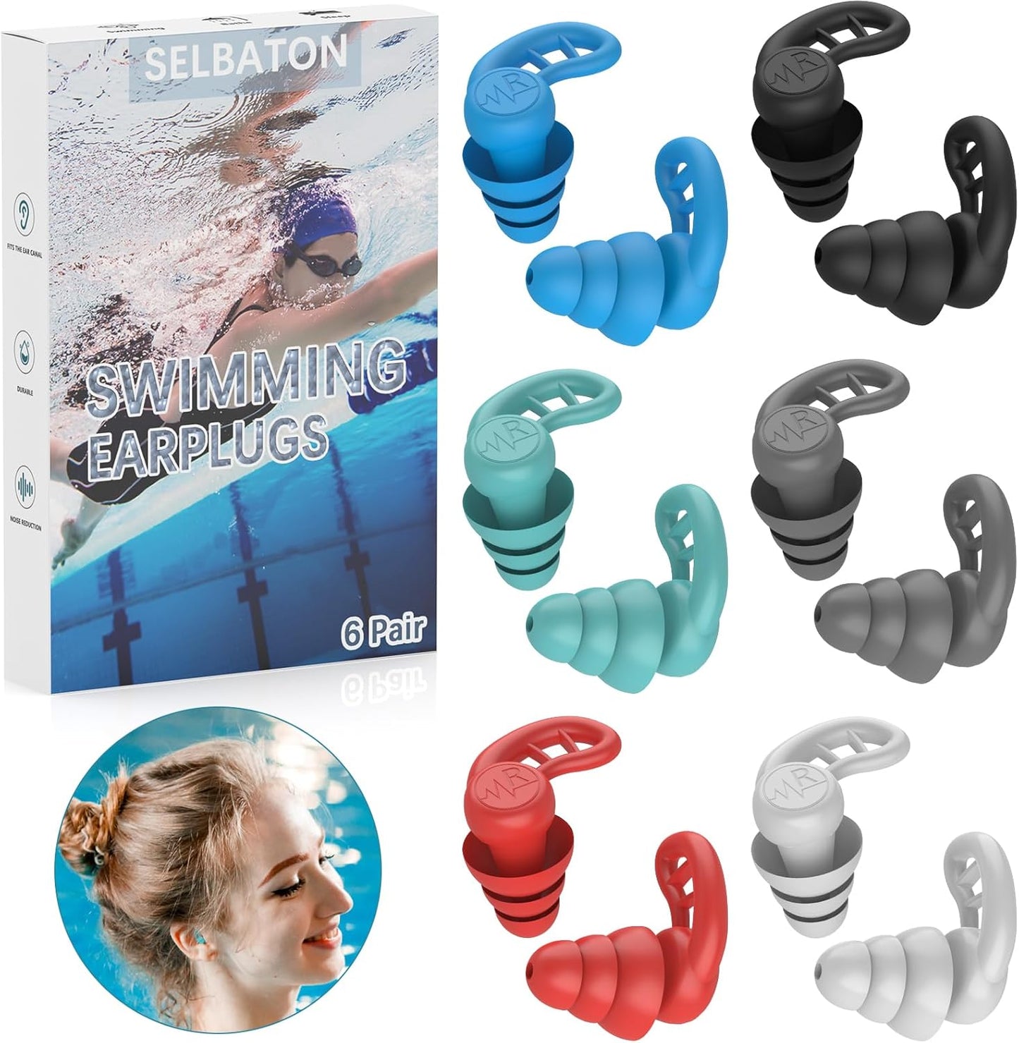 Swimming Ear Plugs for Adults, 6 Pairs Reusable Silicone Waterproof Colorful Swim Earplugs for Swimming Showering Snorkeling Surfing and Water Sports, Water Ear Plugs for Men and Women