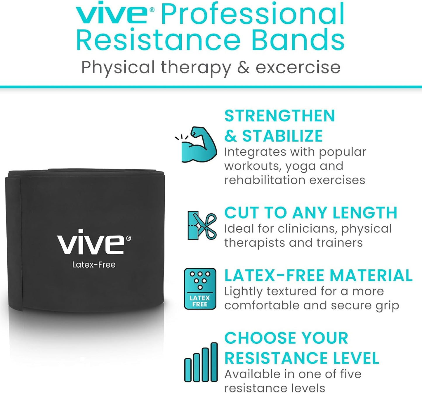 Vive Professional Resistance Bands - 25 Yard Non-Latex Roll for Physical Therapy, Lower and Upper Body Exercise Workout - Straight Elastic for Strength Training, Rehabilitation, Women, Men