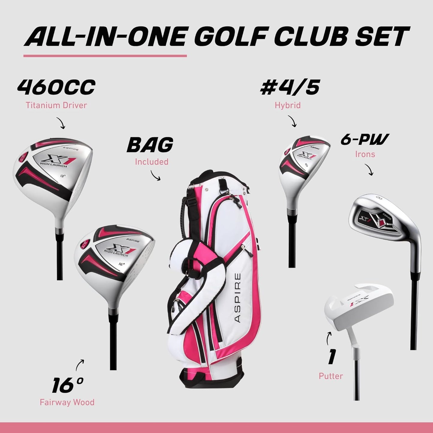 Aspire X1 Women’s Golf Clubs Set – 15 Piece Golf Club Package with Titanium Alloy Driver, Fairway Wood, 6pw Irons, Putter, Lightweight Stand Bag & Headcovers – Right Handed Petite & Regular Sizes