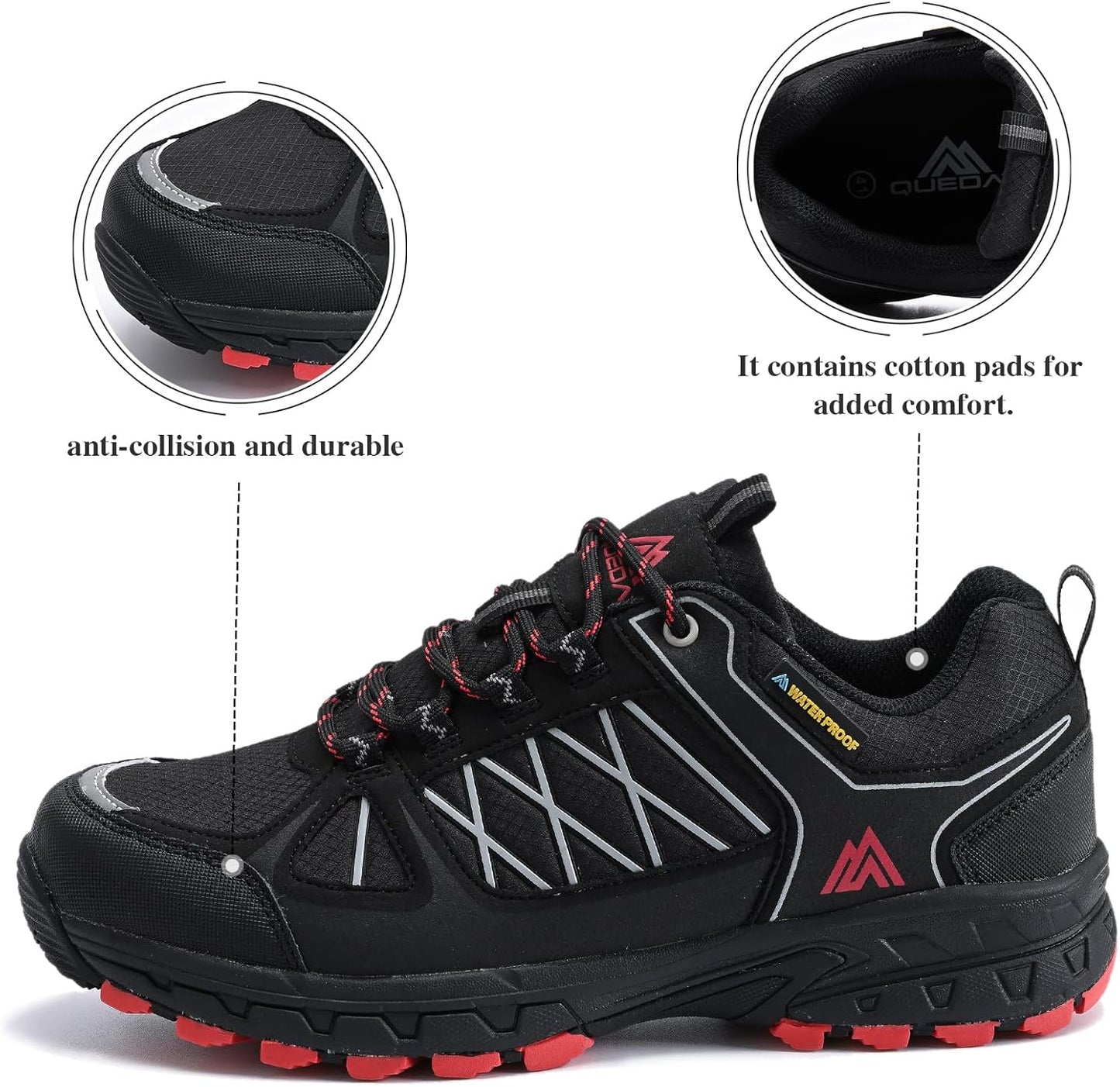 Queday Men's Waterproof Hiking Shoes Lightweight Anti Slip Outdoor Ankle Boots Breathable Hike Trekking Trails Shoe