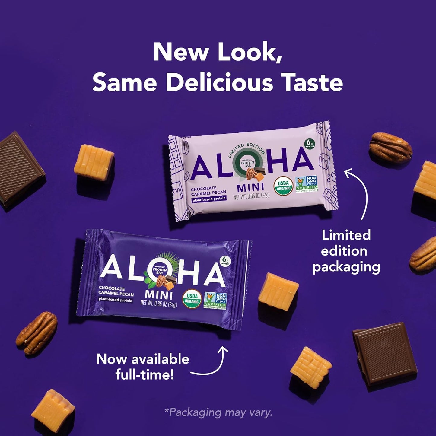 ALOHA Organic Plant Based Protein Bar MINIS |Caramel Chocolate Pecan | 20 Count, 24g Bars | Vegan, Low Sugar, Gluten Free, Low Carb, Non-GMO, Stevia Free, Soy Free, No Sugar Alcohols