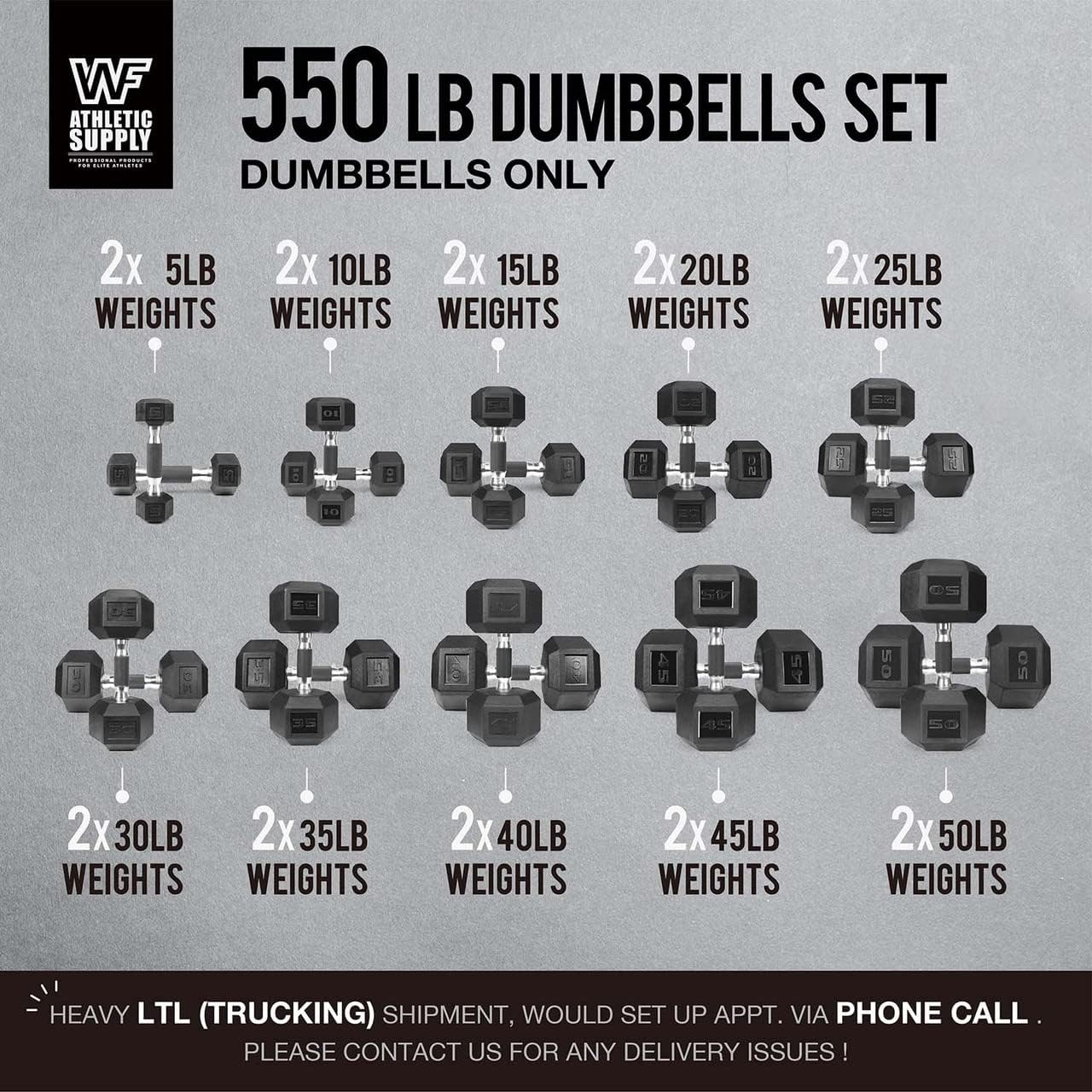 WF Athletic Supply Rubber Encased Hex Dumbbells with Rubber Grip Contoured Handle for Muscle Toning, Strength Building & Full Body Workout