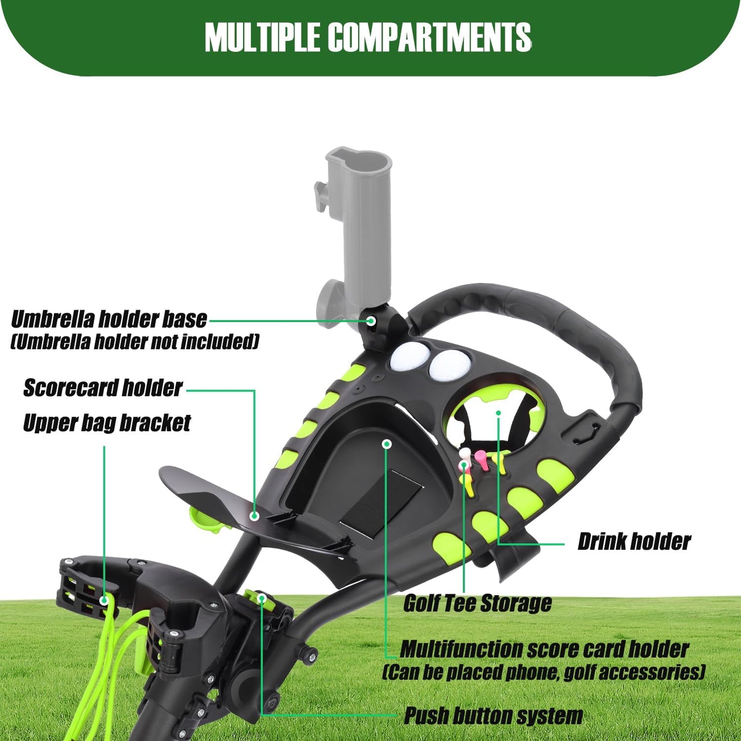 Golf Push Cart Series: 2-Wheel, 3-Wheel, 4-Wheel & 360° Swivel Front Wheel