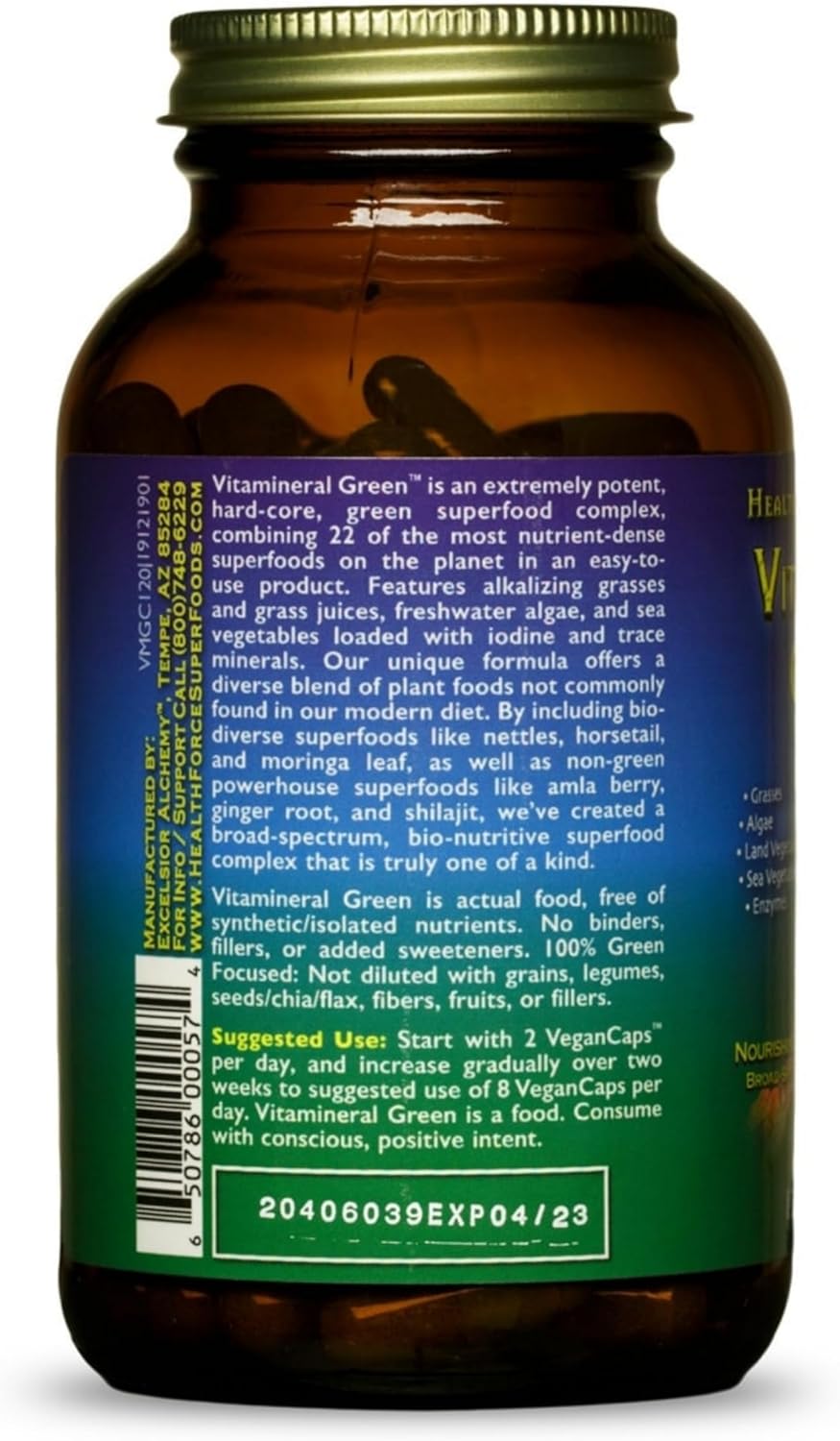 HEALTHFORCE SUPERFOODS Vitamineral Green - Mineral Supplement for Immune & Thyroid Support - Green Powder Supplement with Ingredients from The Land - Gluten-Free & Vegan - 120 Capsules
