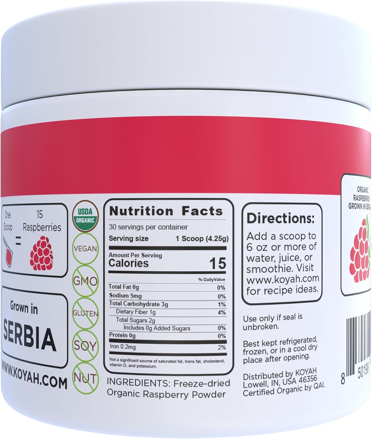 KOYAH - Organic Raspberry Powder 30 Servings (1 Scoop = 15 Raspberries), Freeze-Dried, Whole-Berry Powder, Equivalent to 450 Raspberries
