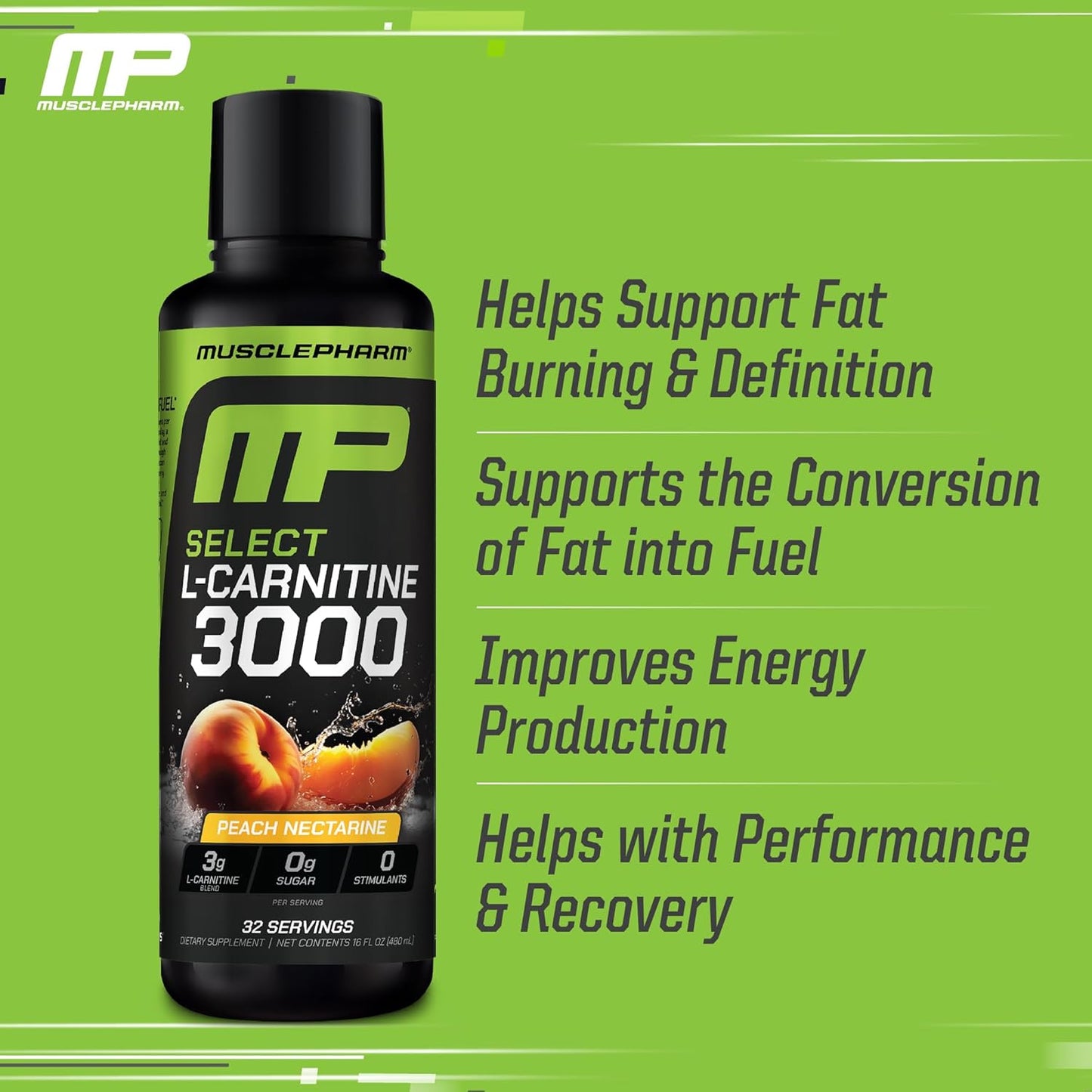 Muscle Pharm L-Carnitine 3000, The Ultimate Liquid L Carnitine Supplement for High-Performance, Supports Metabolism, Hydration & Energy, Zero Sugar/Calories, Peach Nectarine Flavor, 32 Servings