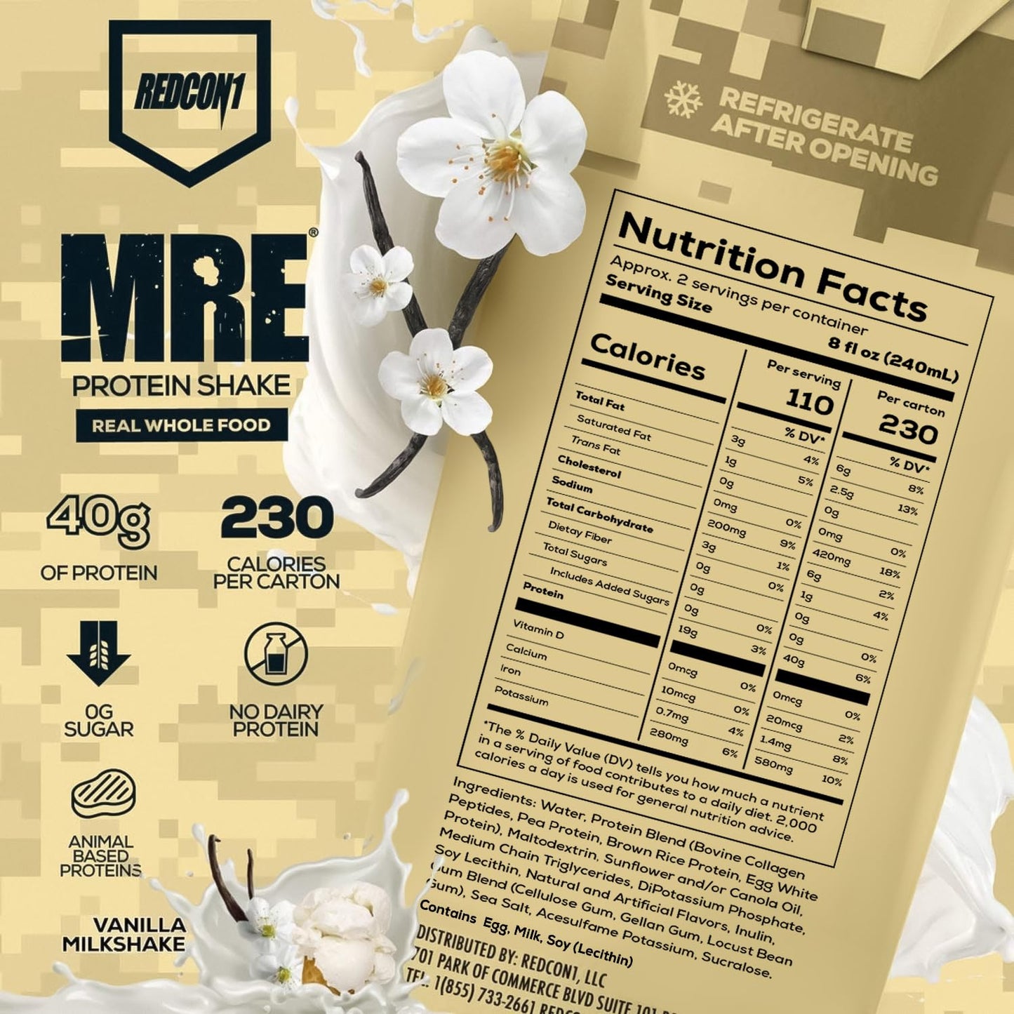 REDCON1 MRE Ready to Drink Protein Shakes, Vanilla Milkshake - Protein Drinks with Whole Food Sources - Sugar Free RTD Shake Formulated to Fuel Athletes at Any Time (12 Pack)