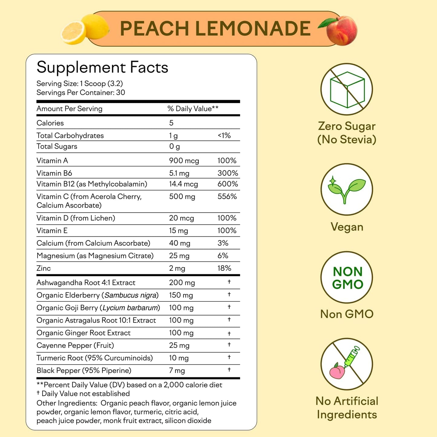 Feel Goods Immunity Icon, Zero Sugar, Vitamin C, A, B, D, E & Zinc, Organic Elderberry, Ashwagandha, Drink Mix Powder, Vegan, Non GMO, Caffeine & Gluten Free | Peach Lemonade, 30 Servings
